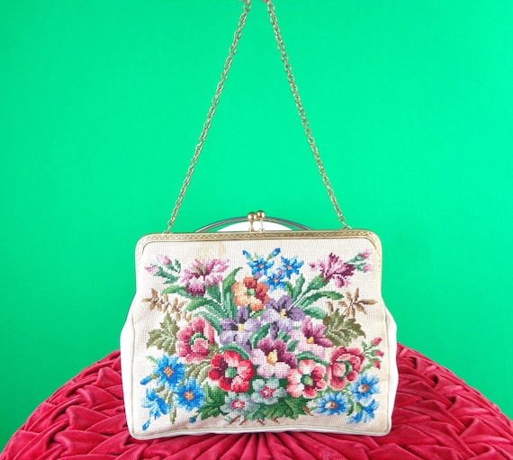 Vintage Needlepoint Floral Clutch Handbag, 1930s-40s Top Handle Purse Gift Accessory Green Purple Pink