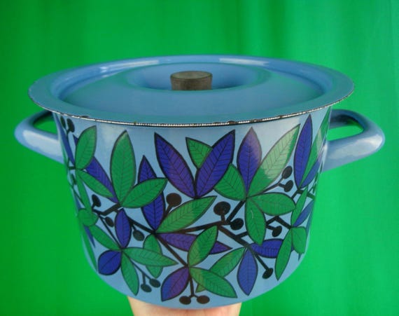 Vintage Retro Decorative Finel Stock Pot Finland Cookware Transfer-ware 1960s 70s Leafy Enamel Home House Kitchen Dining Serving Party Gift