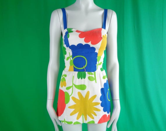 Vintage Retro Mod Clothing Apparel Bathing Swimsuit Wear Top Cover Micro Mini Dress 1950s 1960s Mid Century 8 XS Coastal Bold Floral Gift