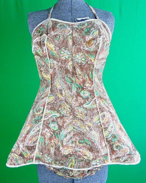 Vintage Retro Handmade Clothing Apparel Small Romper Playsuit Bloomer Shorts Bathing Swimwear 1950s 60s Mid Century Brown Green Yellow Gift