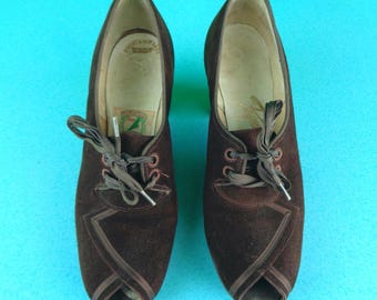 Vintage 1930s-40s Shoes Suede Peep Toe Oxfords - Pogues Cincinnati - Size 6  Original Fashion Accessory