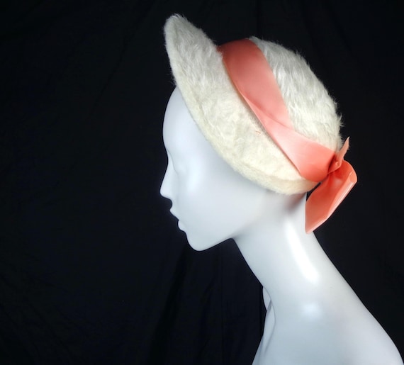 Vintage White Faux Fur Capulet Hat: 1950s Tilt Brim Bonnet Mid Century Gift Accessory