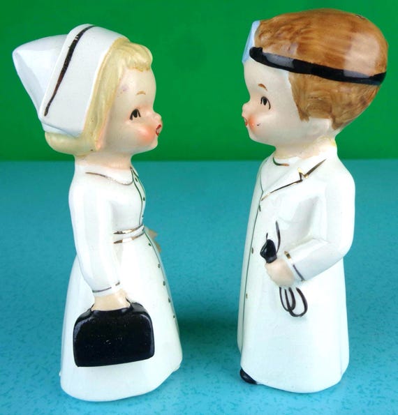 Vintage Retro Nurse & Doctor Salt and Pepper Shakers: 1950s Mid Century Home Decor Collector Figurines