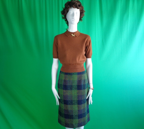 Vintage Retro Clothing Coen Pocket Pencil Wool Tweed Skirt 1970s 1980s 50s 60s style S Check Wedding Party Evening Formal Casual Gift