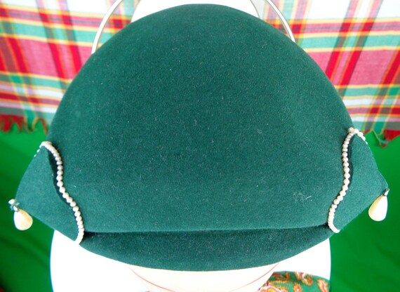 Vintage Retro Half Base Capulet Skull Hat 1940s 1950s Mid Century Faux Pearl Forest Green Wedding Party Formal Evening Gift Accessorize