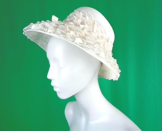 Vintage Ivory Straw Bucket Brim Hat: 1950s-60s Wedding Party Style Mid Century Gift Accessorize