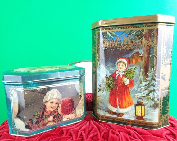 Vintage Retro Christmas Holiday Tin Box Bin Storage Container Organization Victorian Edwardian Center Piece Home Room Accent Decor Gift Set