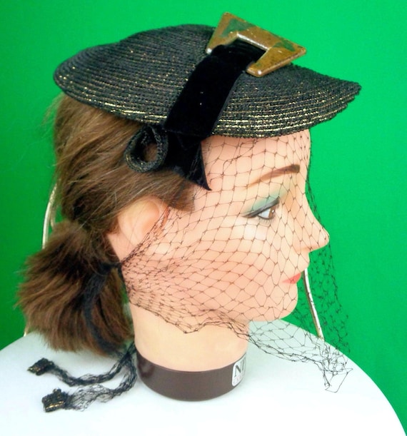 Vintage Black & Gold Raffia Fascinator: 1940s-50s Capulet Half Veil Hat Gift Accessorize Party Evening