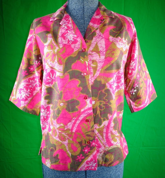 Vintage Retro Clothing Apparel Alex Colman Button Shirt Top Blouse 1950s 60s Mid Century S Wedding Party Pink Green White Casual Formal Gift