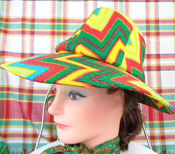 Vintage Retro Accessorie Monsieur Henri Jr Brim Floppy Hat 60s 70s Mod Designer Aztec Chevron Zig Zag Rainbow Wool Wedding Party Formal Gift