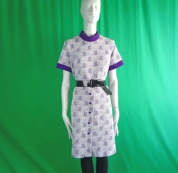 Vintage Retro Mod Handmade Apparel Clothing LG Scooter GoGo Day Shift Dress 1960s 1970s Purple White Pattern Wedding Party Evening Gift
