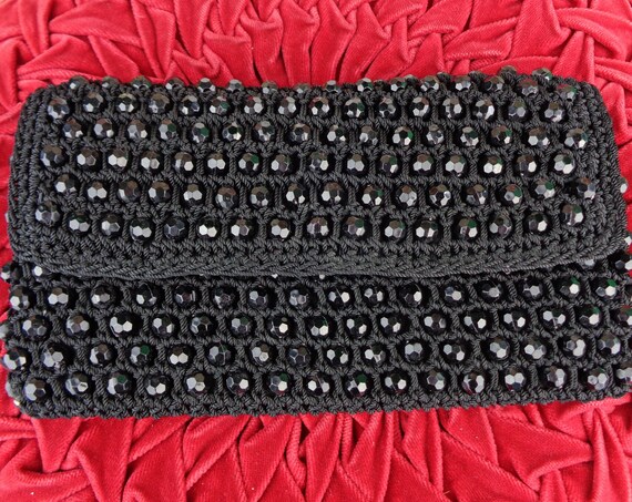 Vintage Retro 1960s 70s Mid Century Accessorie Purse Clutch Handbag Pouch Small Black Bead Corde Evening Formal Wedding Cocktail Party Gift