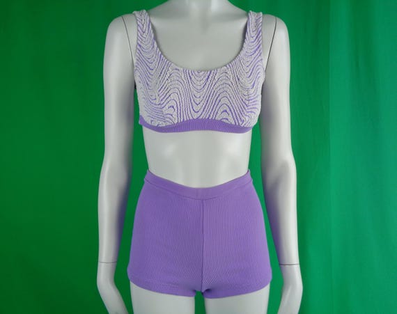 Vintage Retro Lilac Purple Bikini Bathing Swimsuit Wear Bra Top Booty Short Pants 1950s 60s Mid Century CA US XS Surfing Coastal Beach Gift