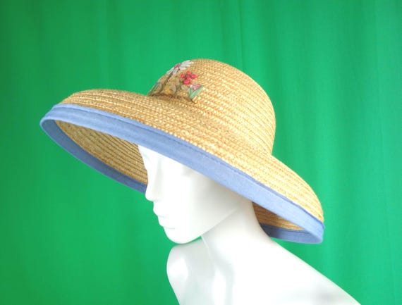 Vintage Retro LG Natural Straw Sun-wheel Brim Hat 1950s 1960s Mid Century Wedding Party Formal Casual Coastal Gift Floral Raffia Accessorize