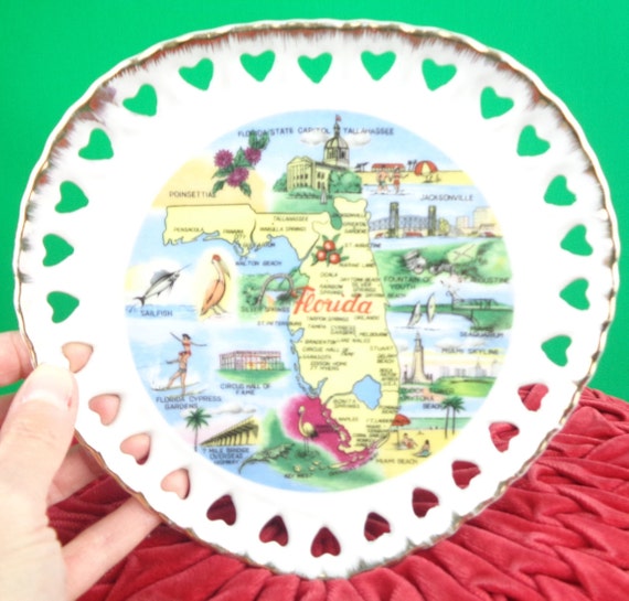 Vintage Retro Florida Souvenir State Heart Plate Landmarks Decorative Collector Wall Decor 1950s 1960s Mid Century Home Accent Gift Keepsake
