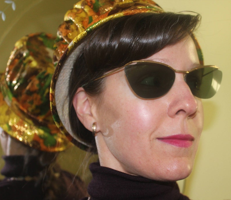 1950s 60s Vintage Mid Century Retro Mod Accessorie Womens Hat Floral Brocade Silk Yellow Orange Green Brown White Bucket Topper Dress Formal