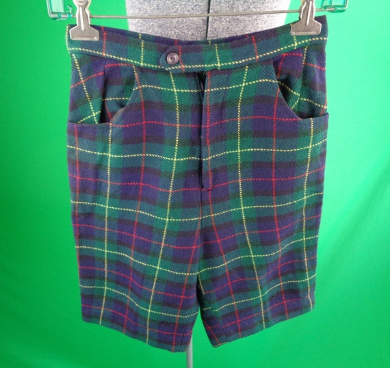 Vintage Retro Clothing Bermuda Short Pants 1960s 1970s Wool Plaid Tartan XSmall Navy Blue Green Red Yellow Party Formal Casual Gift