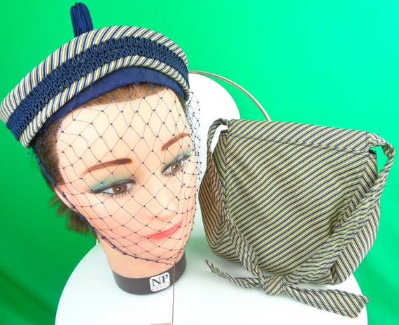 Vintage SHERMAN Striped Hat Purse Set, 1940s Capulet Veil Clutch Handbag Navy Cream Accessory
