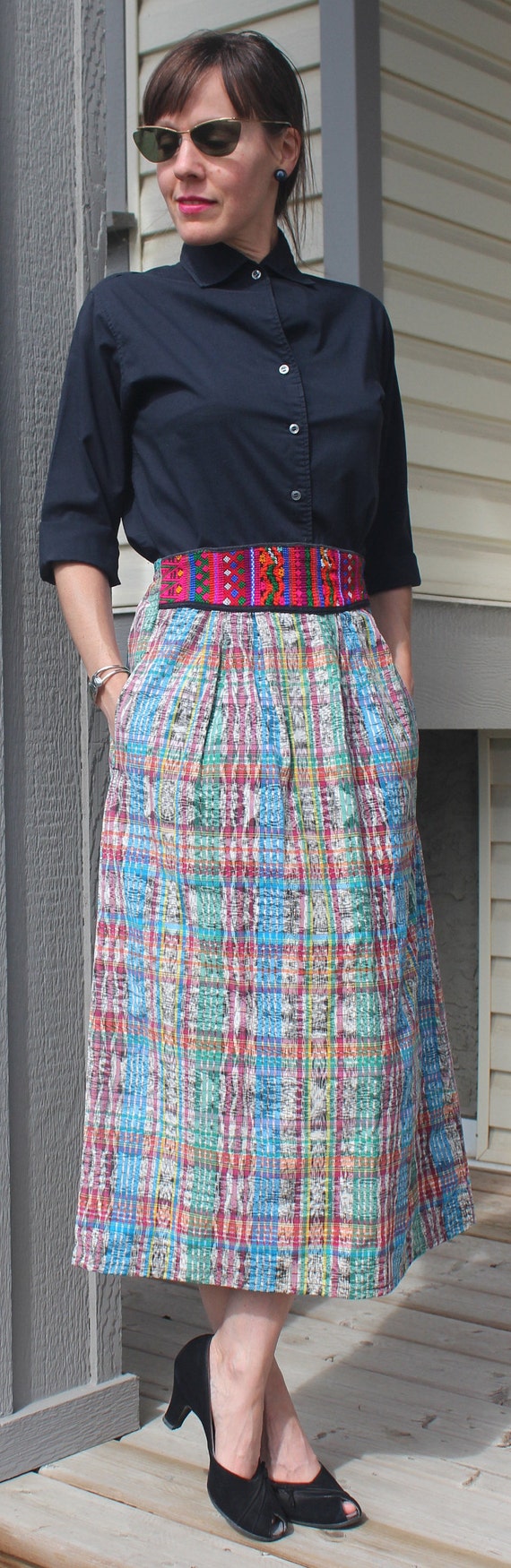 Vintage Retro Handmade Apparel Clothing Warp Weft Ikat Ethnic Skirt 1950s 60s Mid Century M Rainbow Wedding Party Formal Evening Casual Gift