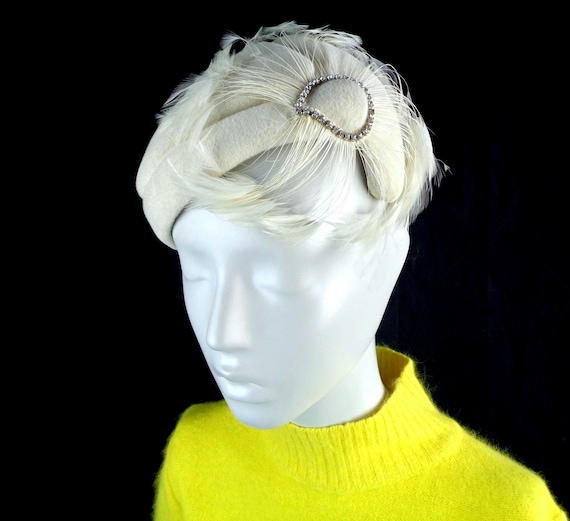 Vintage Feather Fascinator Hat - Off White Rhinestone Capulet, 1940s-50s Mini Half Chapel Accessory