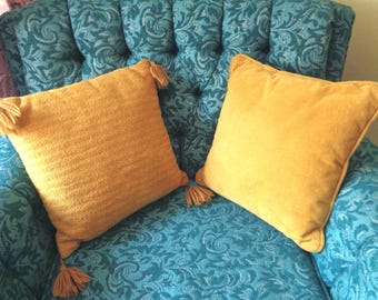 Vintage Handmade Velour Throw Pillows: 60s-70s Square Accent Cushions Stripe Solid Yellow Furniture Decor