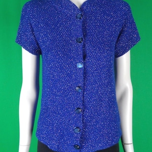 Suéter tipo cárdigan con botones, estilo vintage, retro, hecho a mano, años 70 y 80, tejido de cable, talla S, azul flexible, acrílico, lana, formal, informal, regalo