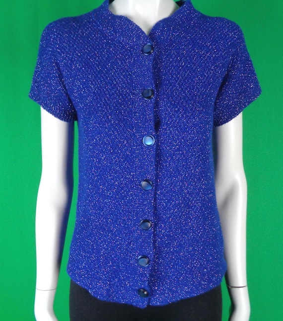 Vintage Retro Handmade Apparel Clothing Button Cardigan Sweater Top 1970s 80s Cable Knitwear S Blue Flex Acrylic Wool Formal Casual Gift
