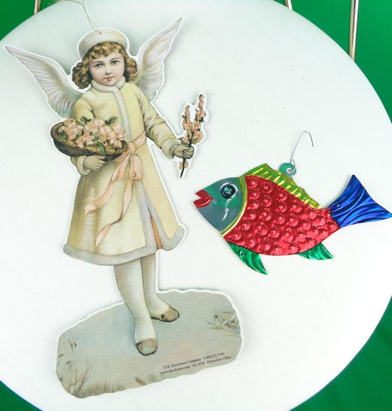 Vintage Retro Christmas Holiday Tree Ornaments Decorations Victorian Paper Boy Angel Metal Fish Gift Collectible Accessory Memento Keepsake