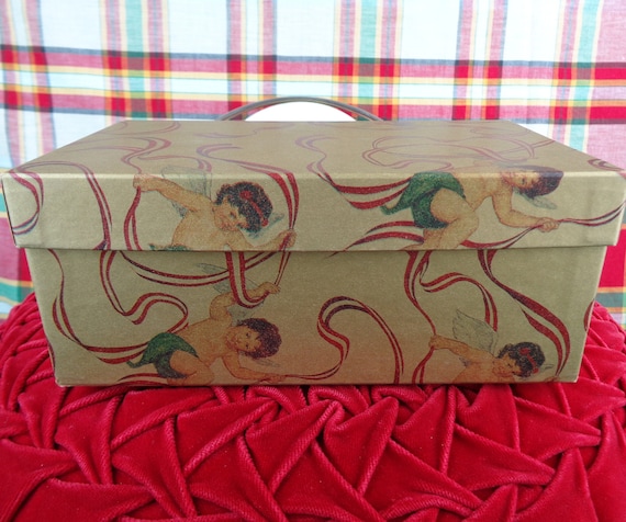 Vintage 40s Angel Trinket Box, Mid Century Decorative Storage Bin Gold Burgundy Decor Gift