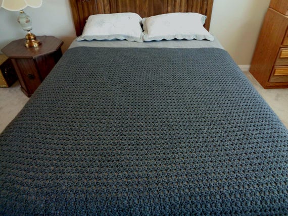 Vintage Crochet Granny Afghan: Handmade 70s Knit Blanket Throw Cover Bedding Comforter Gray Gift