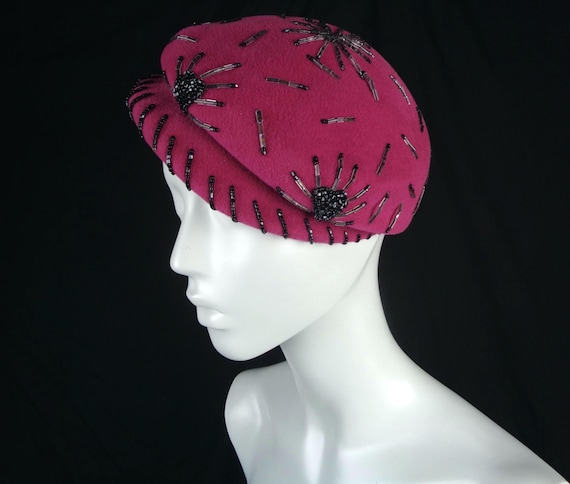 Vintage 1950s Ruth Half Hat, Pink Black Bead Heart Capulet New York Accessory Gift