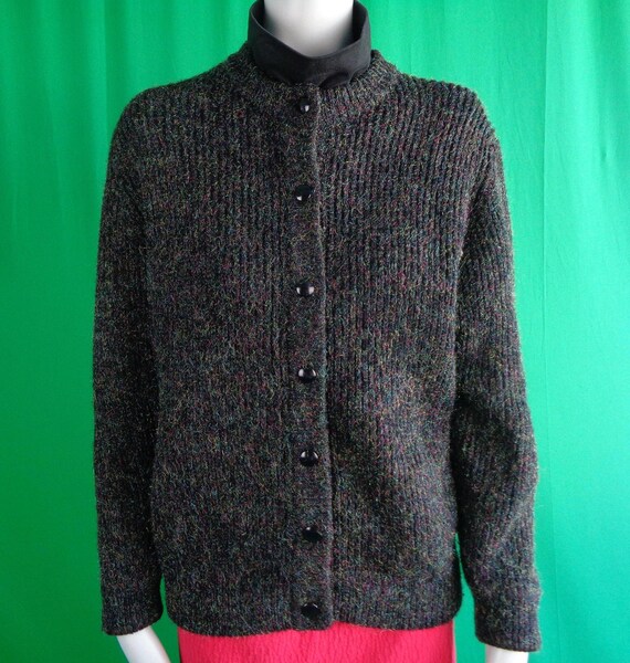 Vintage 80s Tinsel Knit Cardigan Sweater: Oversized Button-Up Black Yellow Pink Green Blue Gift