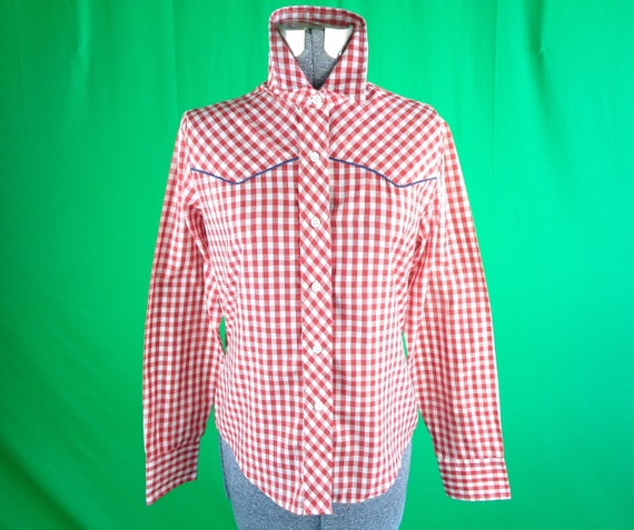Vintage Retro Clothing Shirt Top Blouse Sears Bazaar 1970s 80s Size Medium Red White Blue Check Cotton Gingergram Western Wear Gift