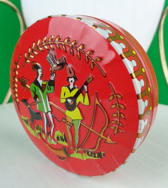 Vintage Retro Decorative Trinket Tin Box Storage Container 50s 60s Mid Century Collectible Keepsake Harlequin Medieval Pocket Compact Gift