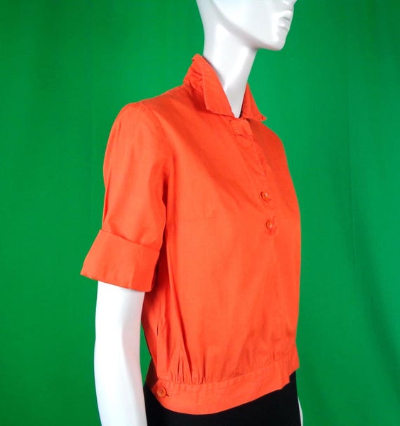 Vintage 1950s Orange Blouse: Mid Century Cropped Top, Snap Collar Pullover Button-Up Shirt Top