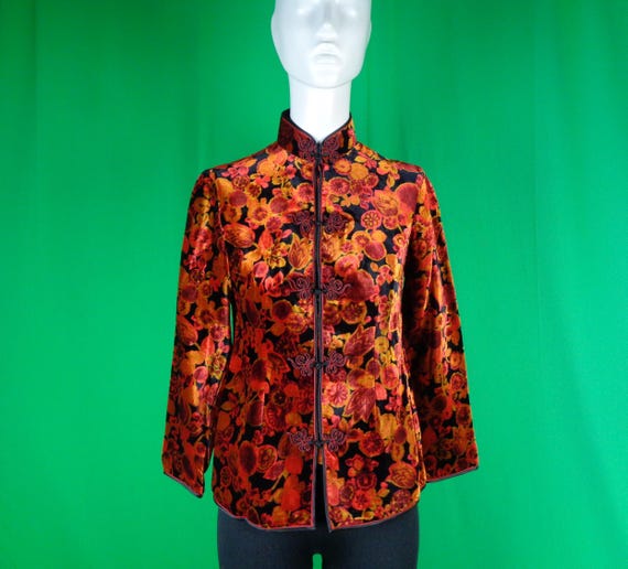 Vintage Retro Clothing Asian Japanese Chinese Blouse Top Shirt 60s 70s S Orange Black Velvet Shanghai Cheongsam Traditional Qipao Party Gift