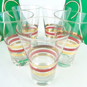 Vintage Retro MCM 5er Set Drink Barware Highballs Gläser 50er 60er Mid Century klar gold rot Ring Streifen Barware Küche Wohnkultur Party Geschenk