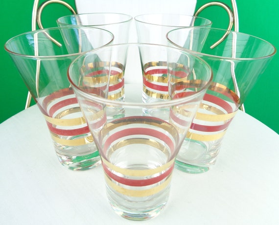 Vintage Retro MCM 5 Set Drink Barware Highballs Glasses 50s 60s Mid Century Clear Gold Red Ring Stripe Barware Kitchen Home Decor Party Gift