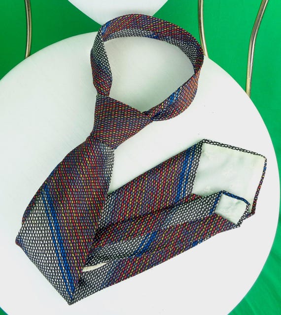 Vintage Park Lane Self Necktie: 1940s-50s Stripe Abstract Design Gift Red Blue Yellow Black