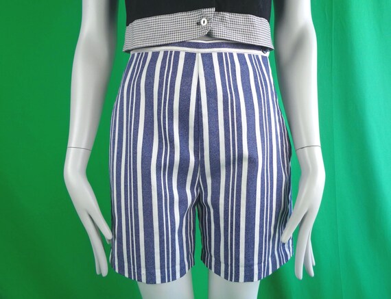 Vintage Retro Clothing Apparel Bermuda Short Pants 1950s 60s Mid Century High Stripe Sport-wear Tennis Golf Coastal Formal Casual Blue Gift