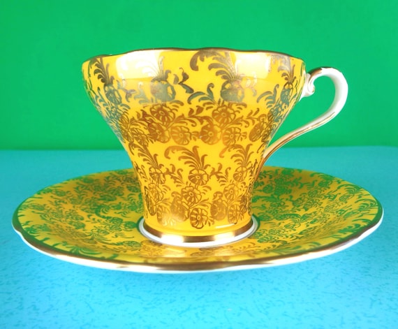 Vintage Aynsley Yellow Gold Bone China Teacup Saucer, Corset Shape, Floral Decor 1950s England