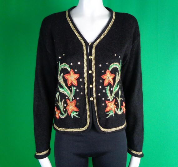 Vintage Retro Clothing Apparel Button Cardigan Sweater Top 1990s 1980s S Black Silk Nylon Angora Wedding Party Evening Formal Casual Gift