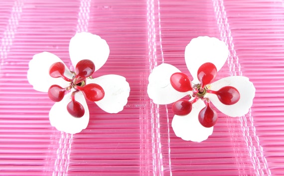 Vintage Floral Clip On Earrings: Red & White Enamel, 1960s Mod Jewelry Gift Accessory