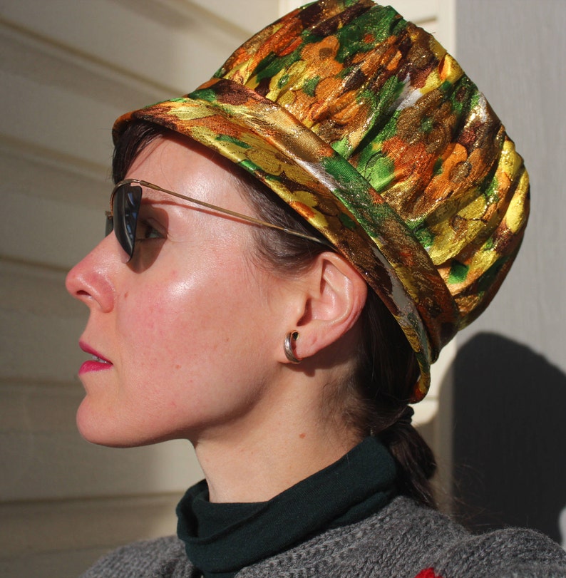 1950s 60s Vintage Mid Century Retro Mod Accessorie Womens Hat Floral Brocade Silk Yellow Orange Green Brown White Bucket Topper Dress Formal
