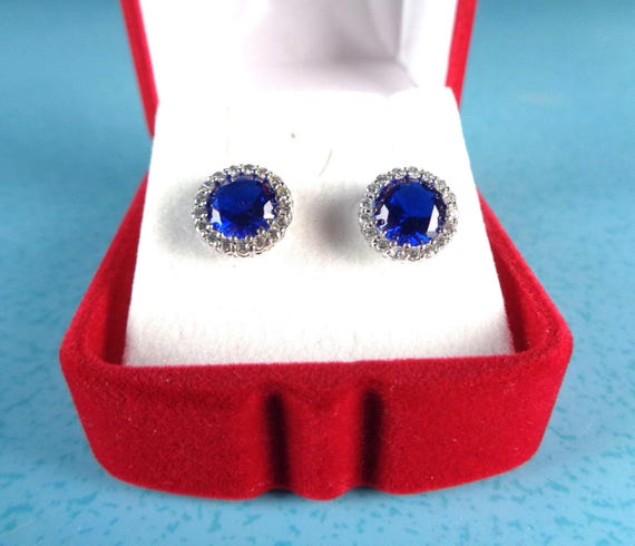 Sterling Silver Blue Sapphire Stud Earrings, Diamond Halo 925 Jewelry Birthstone Gift