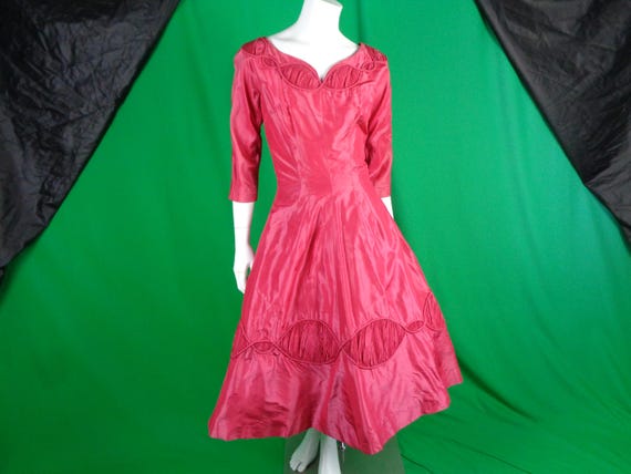 Vintage Handmade Fuchsia Party Dress: 1950s Crinoline Pink Gown, XS Mid Century Red Slip