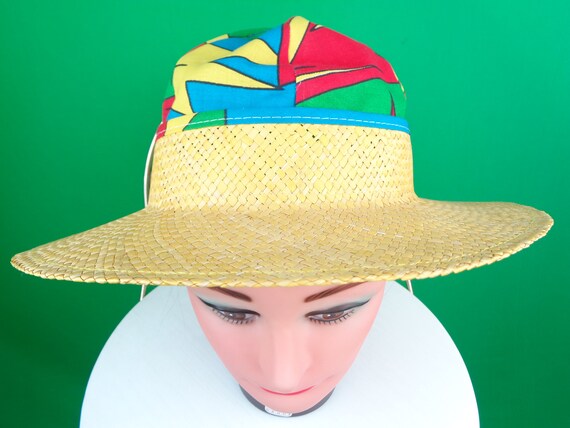 Vintage Retro Collapsible Straw Sun-wheel Brim Hat 1980s 1990s Abstract Yellow Blue Red Green Wedding Party Coastal Gift Accessorize