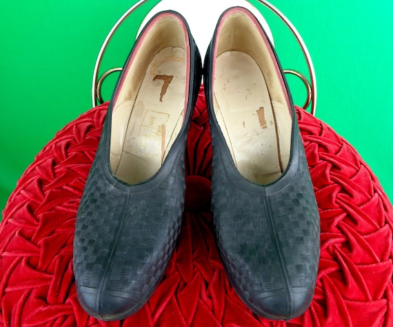 Vintage Retro Black Rubber Rain Snow Galoshes Overshoe Pumps Covers Care Guard 1940s 50s Mid Century M Party Evening Formal Gift Accessorize