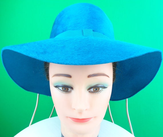 Vintage Retro Accessorie Designer Floppy Wool Brim Hat Andre Teal Blue Large 1960s 1970s Mid Century Mod Wedding Party Formal Casual Gift