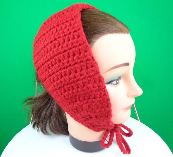 Handmade Red Knit Head Scarf - Mid Century style Tie Wrap Ear Warmer Gift Accessory
